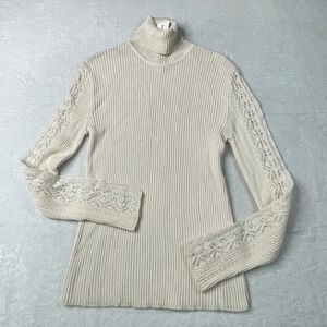 Antonella Turtleneck Sweater Women XL Cream NEW Merino Wool Lace Sleeve Italy